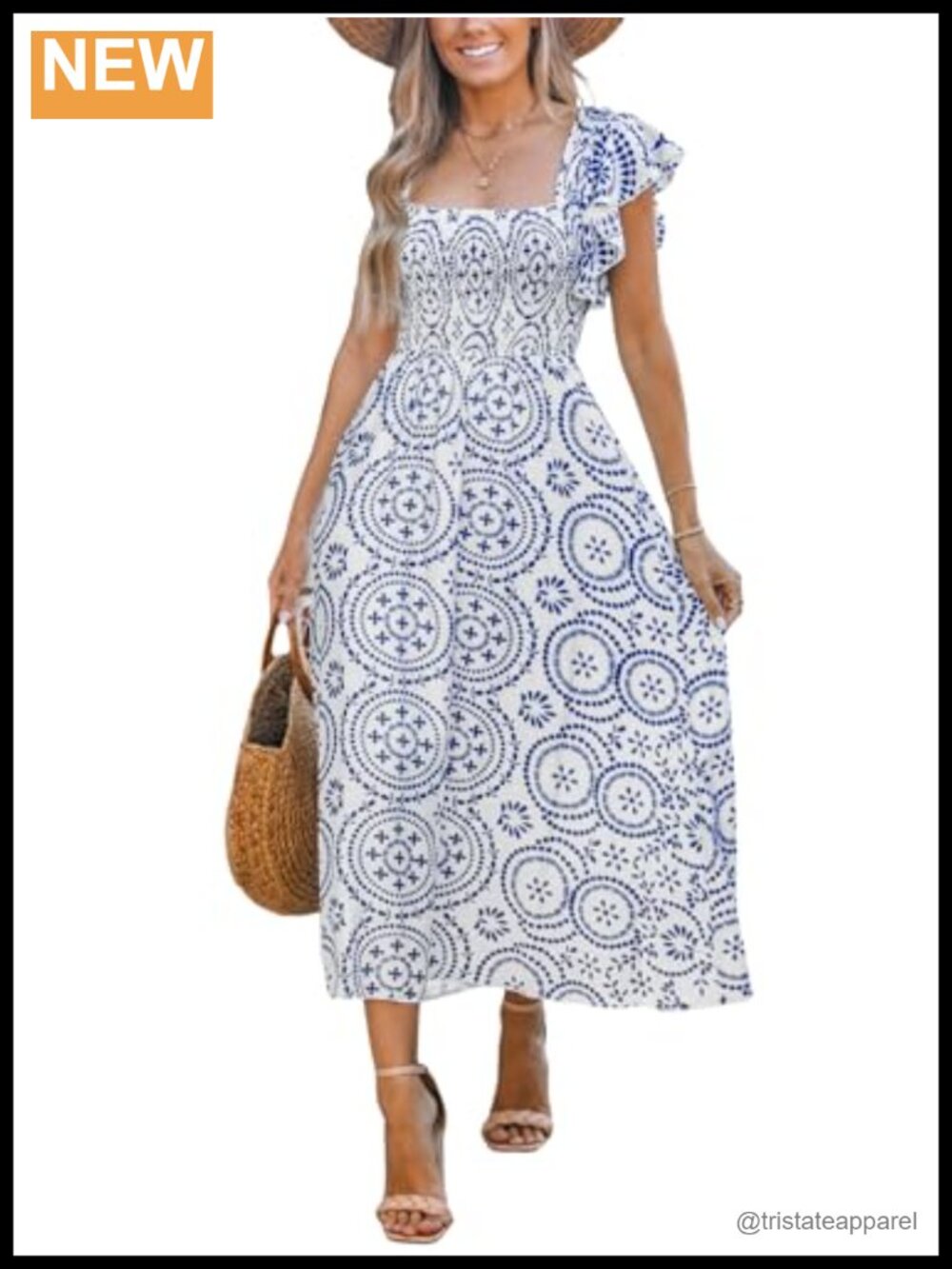 Women's Paisley Square Neck Flutter Sleeve Smocked Midi Dress Rayon Blend